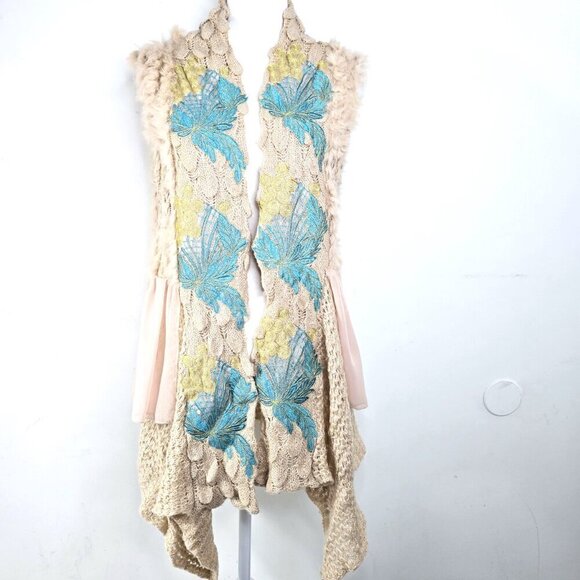 Anthropologie Freeway Cream Chunky Knit Embroidered Faux Fur Open Front Cardigan - Picture 1 of 11